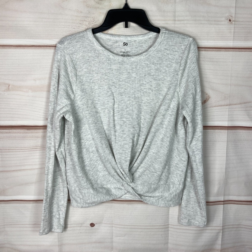 So Top Juniors L Gray Twist Waist T-Shirt Long Sleeve Round Neck Knit Solid